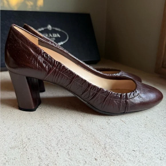 PRADA pumps block heel 39.5 brown chocolate gathered around leather - Picture 6 of 8